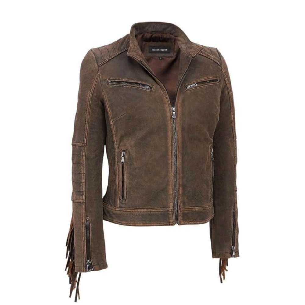 Brown Rivet Fringe Leather Jacket